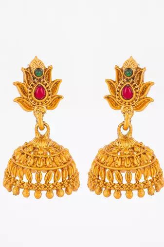 lotus design temple style jhumka earrings with stone