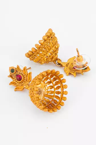 lotus design temple style jhumka earrings with stone