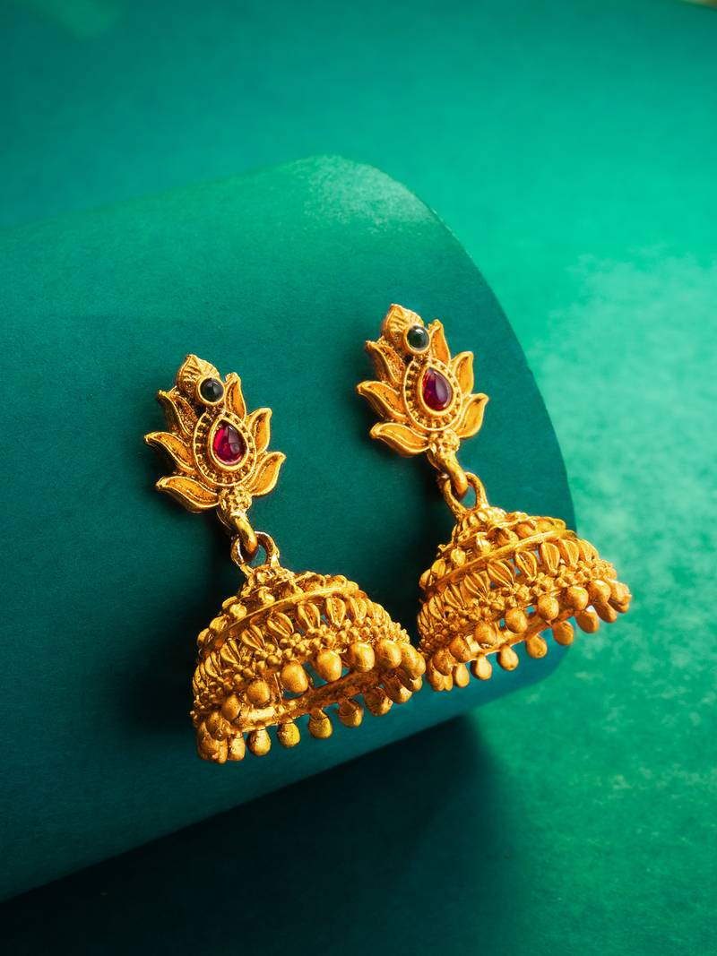 lotus design temple style jhumka earrings with stone