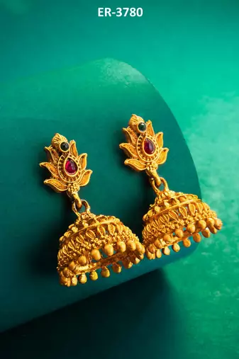 lotus design temple style jhumka earrings with stone