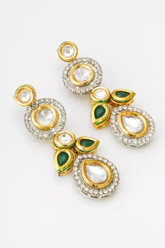 classic kundan green and white stone drop earrings