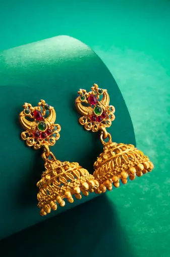 antique temple design jhumka earrings with colored stones