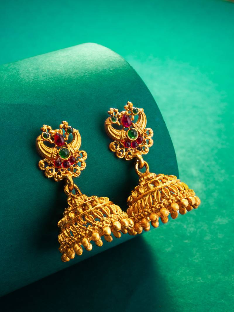 antique temple design jhumka earrings with colored stones