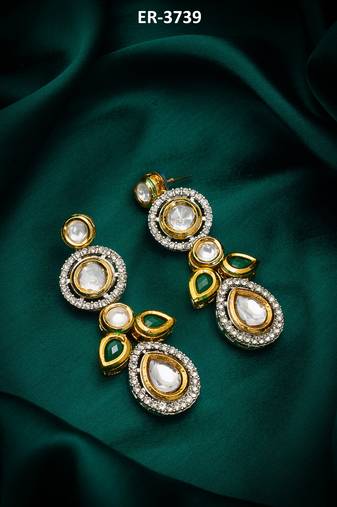 classic kundan green and white stone drop earrings
