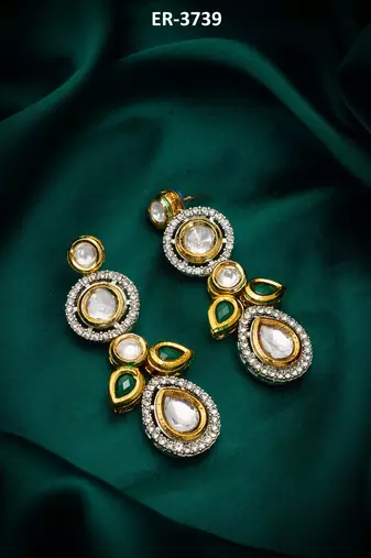 classic kundan green and white stone drop earrings