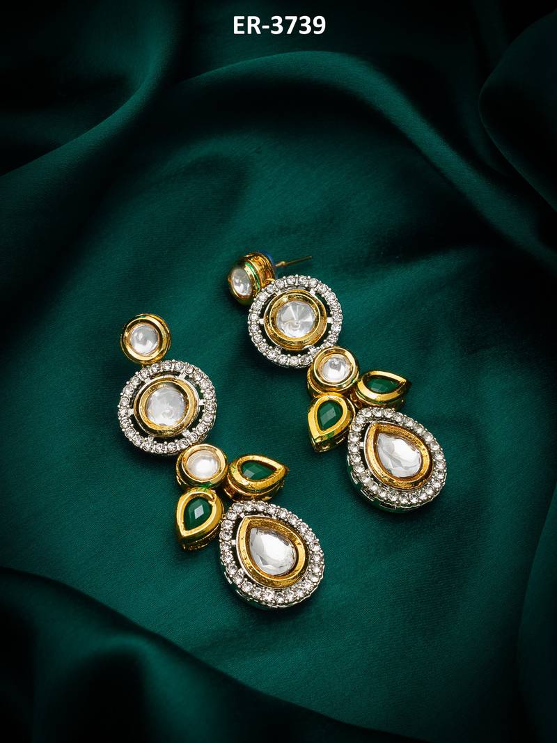 classic kundan green and white stone drop earrings