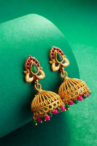 traditional temple style green stone jhumka earrings