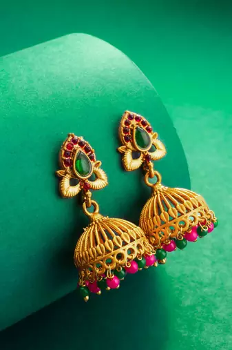 traditional temple style green stone jhumka earrings