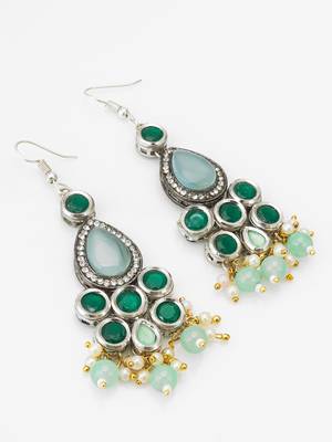 green stone hook earrings with pearl and mint bead tassel 2