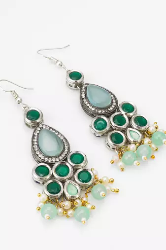 green stone hook earrings with pearl and mint bead tassel