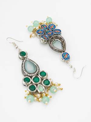 green stone hook earrings with pearl and mint bead tassel 3