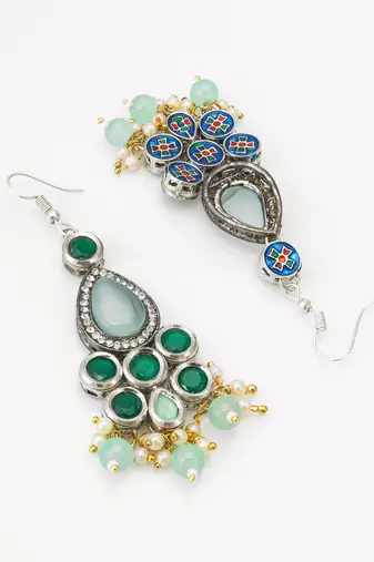 green stone hook earrings with pearl and mint bead tassel