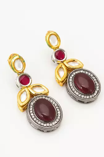 dual-tone cabochon drop earrings with oxidized silver finish