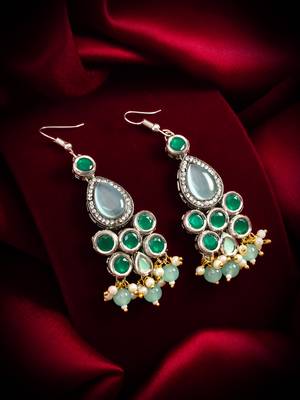 green stone hook earrings with pearl and mint bead tassel 1