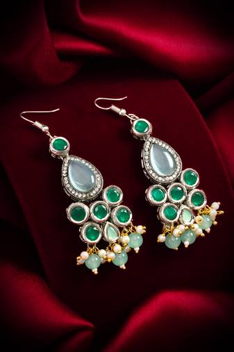 green stone hook earrings with pearl and mint bead tassel