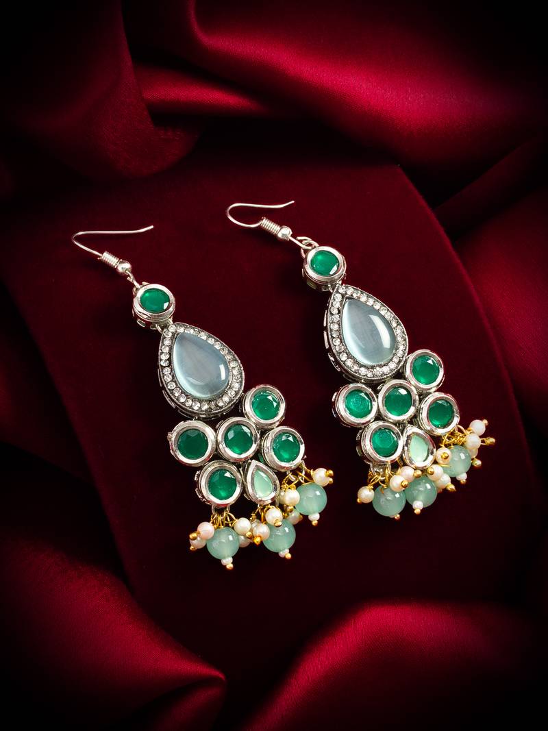 green stone hook earrings with pearl and mint bead tassel