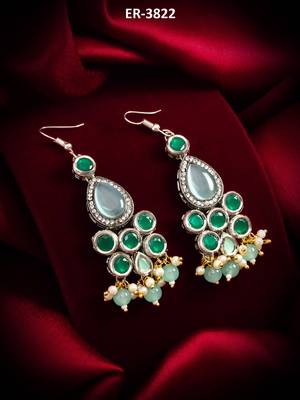 green stone hook earrings with pearl and mint bead tassel 5