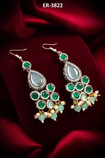 green stone hook earrings with pearl and mint bead tassel