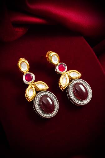 dual-tone cabochon drop earrings with oxidized silver finish