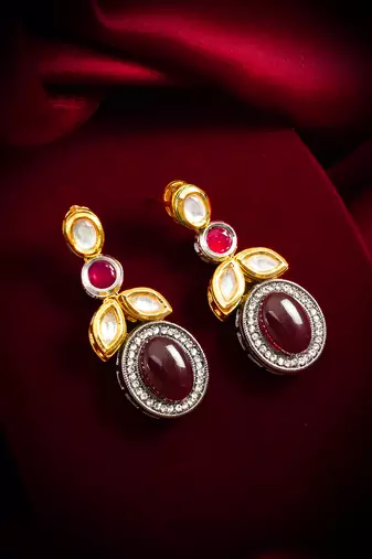 dual-tone cabochon drop earrings with oxidized silver finish