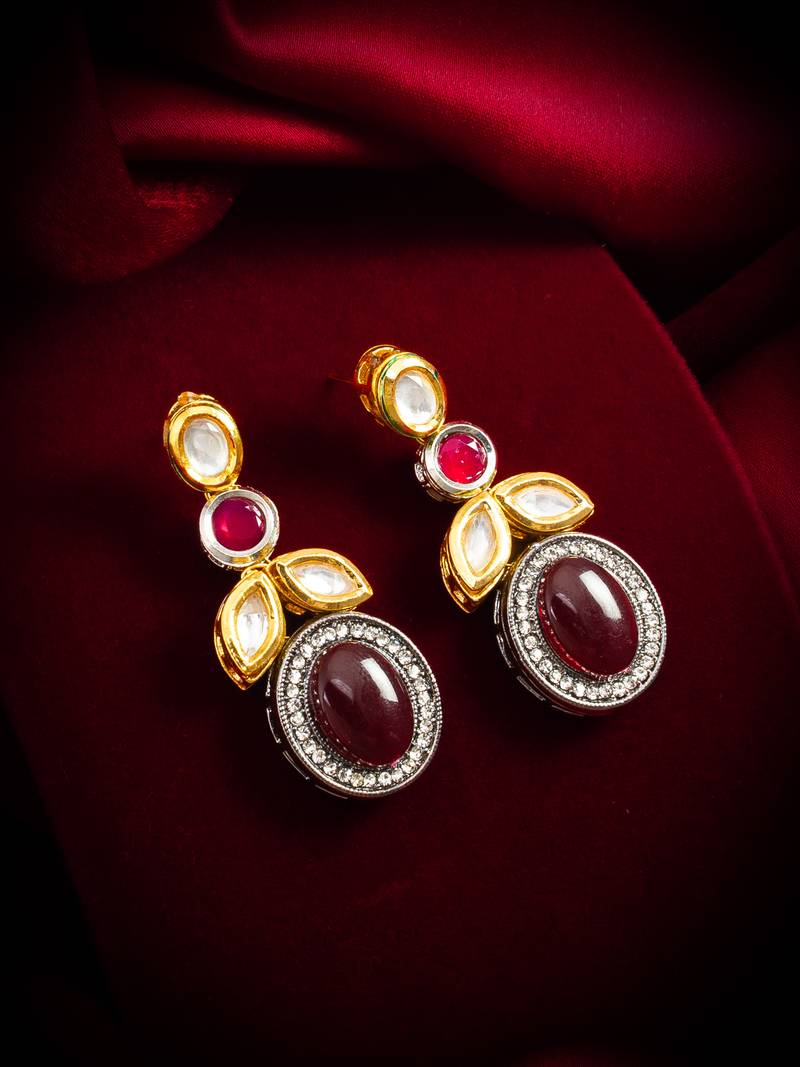dual-tone cabochon drop earrings with oxidized silver finish