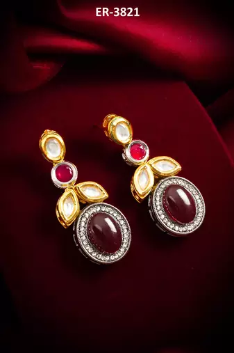 dual-tone cabochon drop earrings with oxidized silver finish