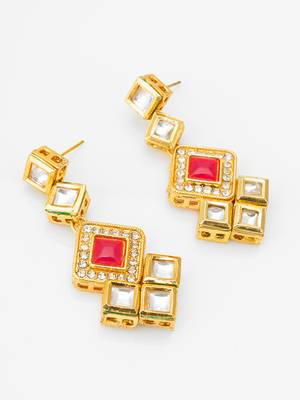 gold-plated geometric square cascade drop earrings with pink stone 2