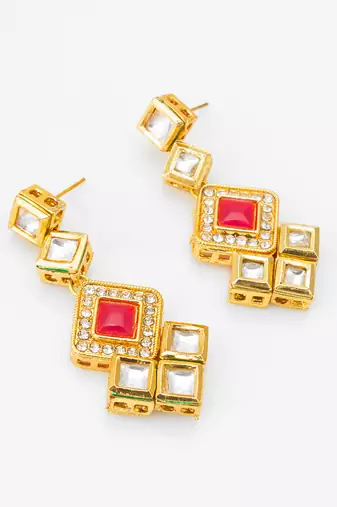 gold-plated geometric square cascade drop earrings with pink stone