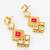 gold-plated geometric square cascade drop earrings with pink stone