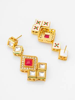 gold-plated geometric square cascade drop earrings with pink stone 3