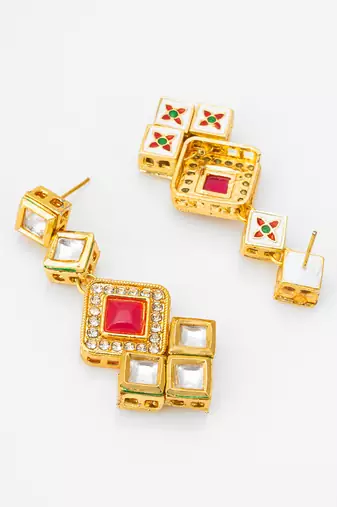 gold-plated geometric square cascade drop earrings with pink stone