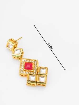 gold-plated geometric square cascade drop earrings with pink stone 4