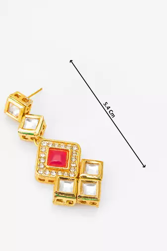 gold-plated geometric square cascade drop earrings with pink stone