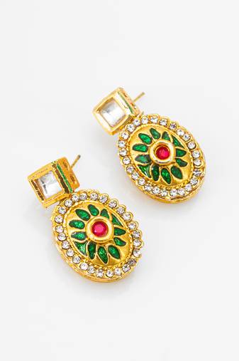 gold-plated square stud earrings with meenakari drop and crystal
