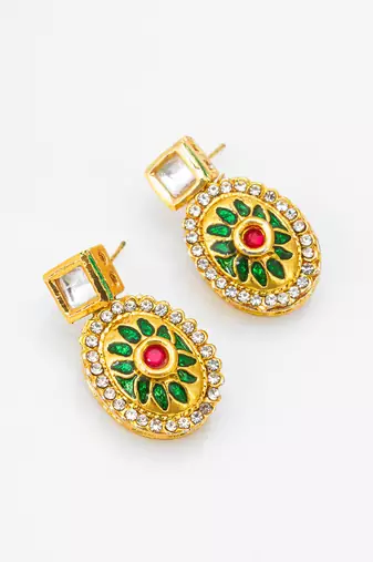 gold-plated square stud earrings with meenakari drop and crystal