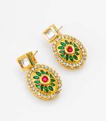 gold-plated square stud earrings with meenakari drop and crystal