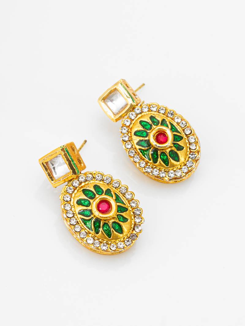 gold-plated square stud earrings with meenakari drop and crystal