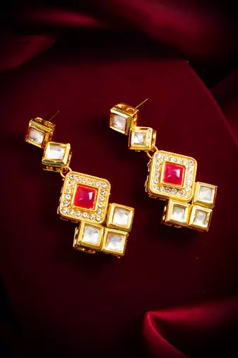gold-plated geometric square cascade drop earrings with pink stone
