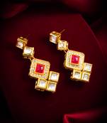 gold-plated geometric square cascade drop earrings with pink stone