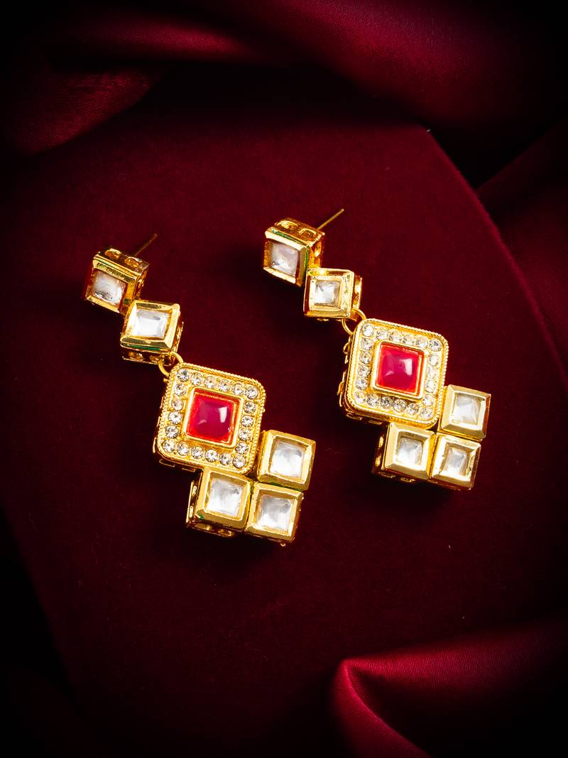 gold-plated geometric square cascade drop earrings with pink stone