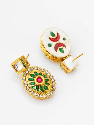 gold-plated square stud earrings with meenakari drop and crystal 2