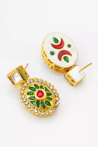 gold-plated square stud earrings with meenakari drop and crystal