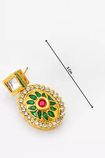 gold-plated square stud earrings with meenakari drop and crystal