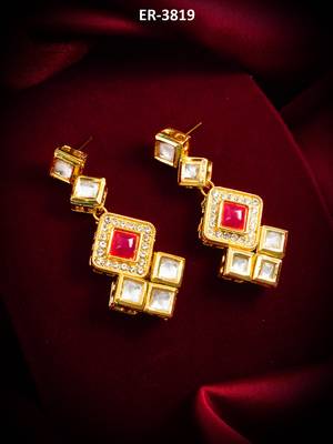 gold-plated geometric square cascade drop earrings with pink stone 5