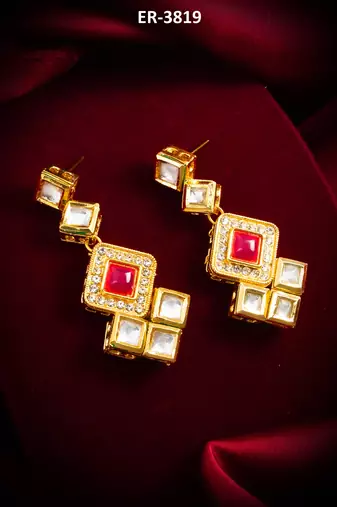 gold-plated geometric square cascade drop earrings with pink stone