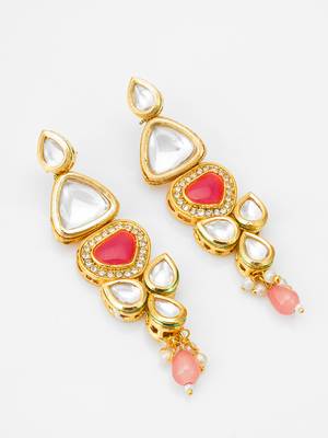 gold-plated stone long drop earrings with pearl and bead 2