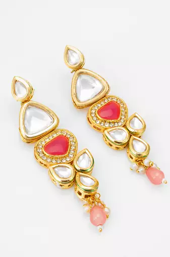 gold-plated stone long drop earrings with pearl and bead
