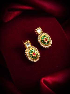 gold-plated square stud earrings with meenakari drop and crystal 4