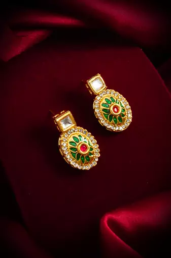 gold-plated square stud earrings with meenakari drop and crystal