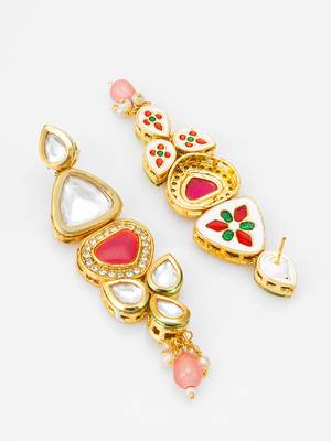 gold-plated stone long drop earrings with pearl and bead 3